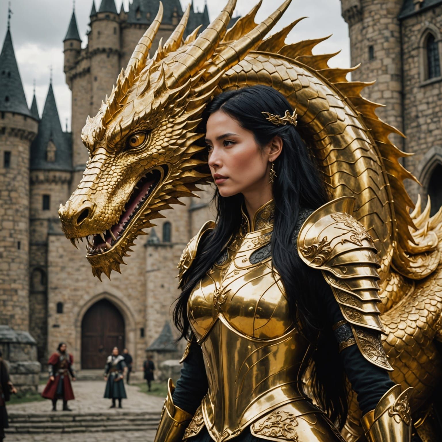 Ethereal Fantasy Portrait of a Golden Dragon and its Warrior...