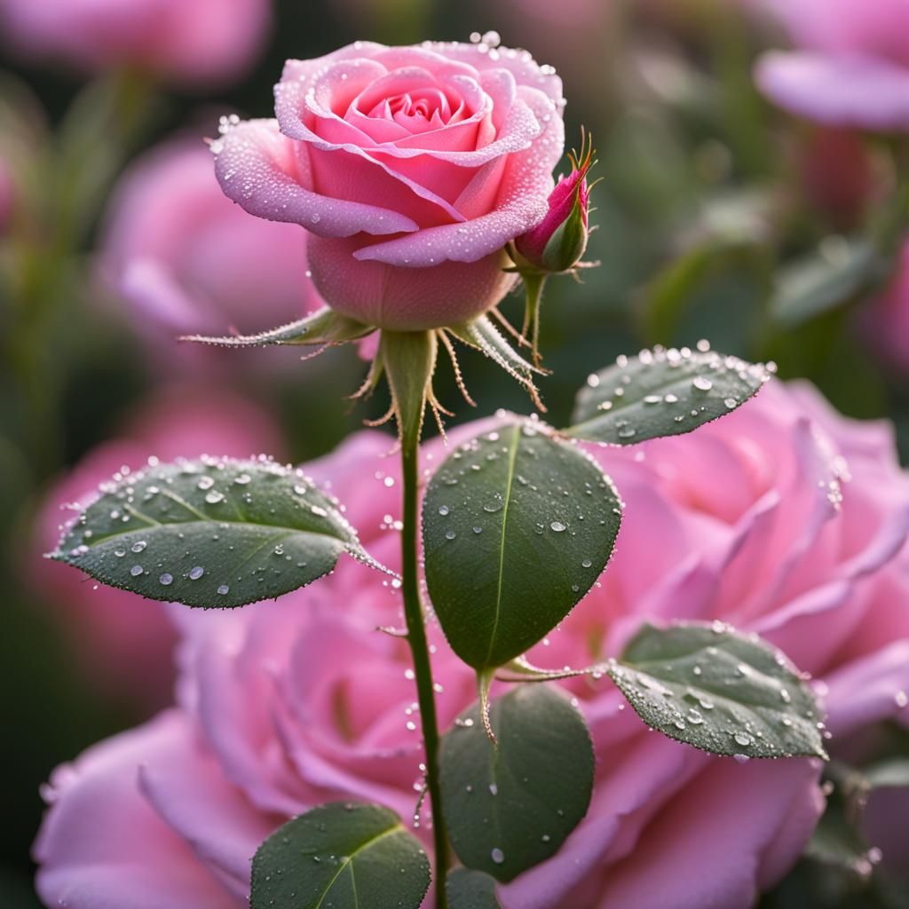 Pink Rose Adorned with Dew Drops