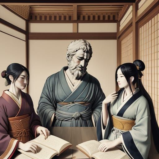 philosophical and ukiyo-e style woodblock The School of Athe...