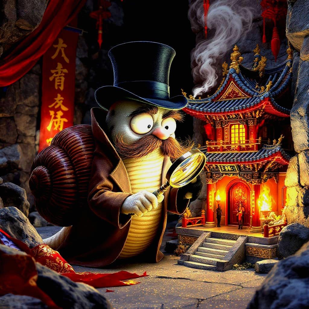 Snail Archaeologist Inspects Miniature Palace, Surreal Illus...