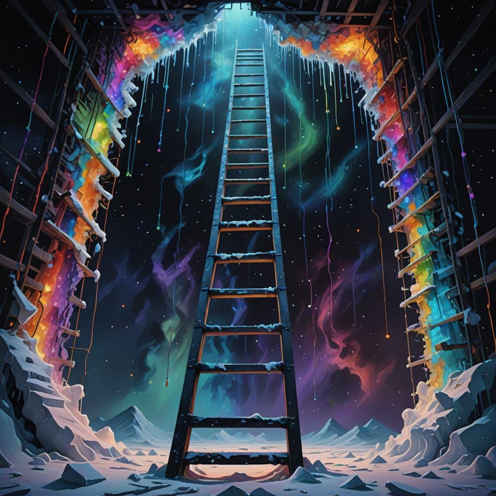 Surreal Ladder of Frozen Notes in a Starry Void