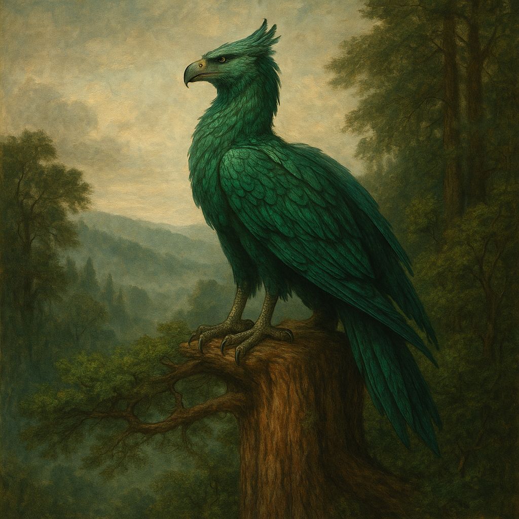 Emerald Hippogriff in Misty Valley, Classical Painting Style