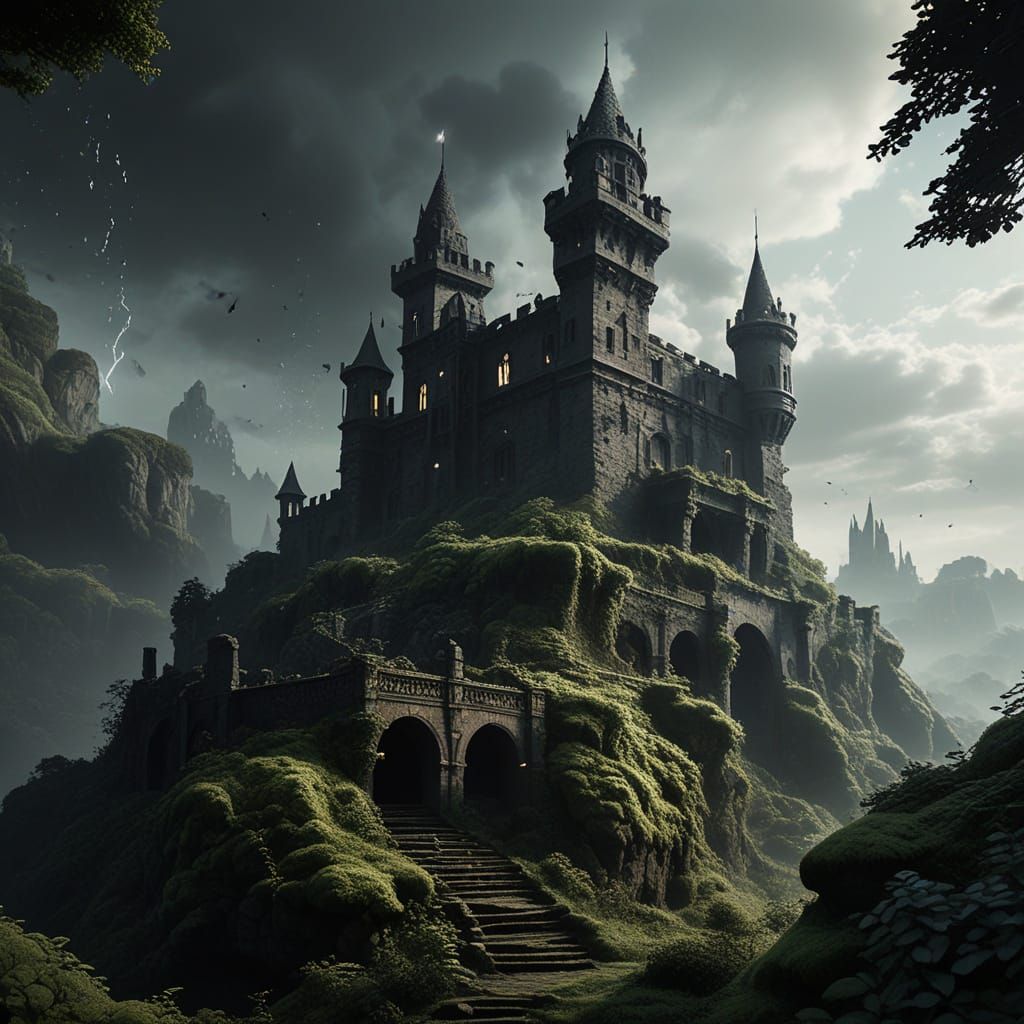 Ancient Castle Under Otherworldly Constellations in Dark Fan...