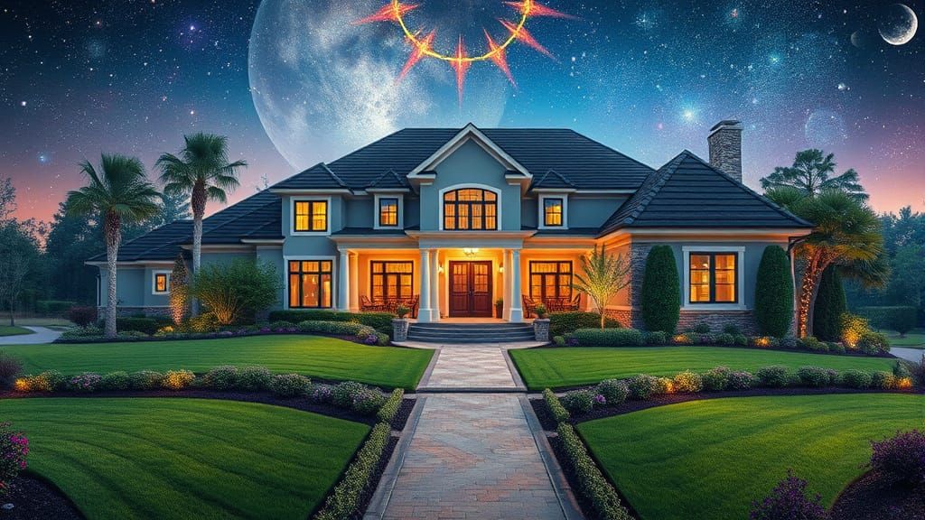 Luxurious Home with Astral Landscaping, Cosmic Illustration