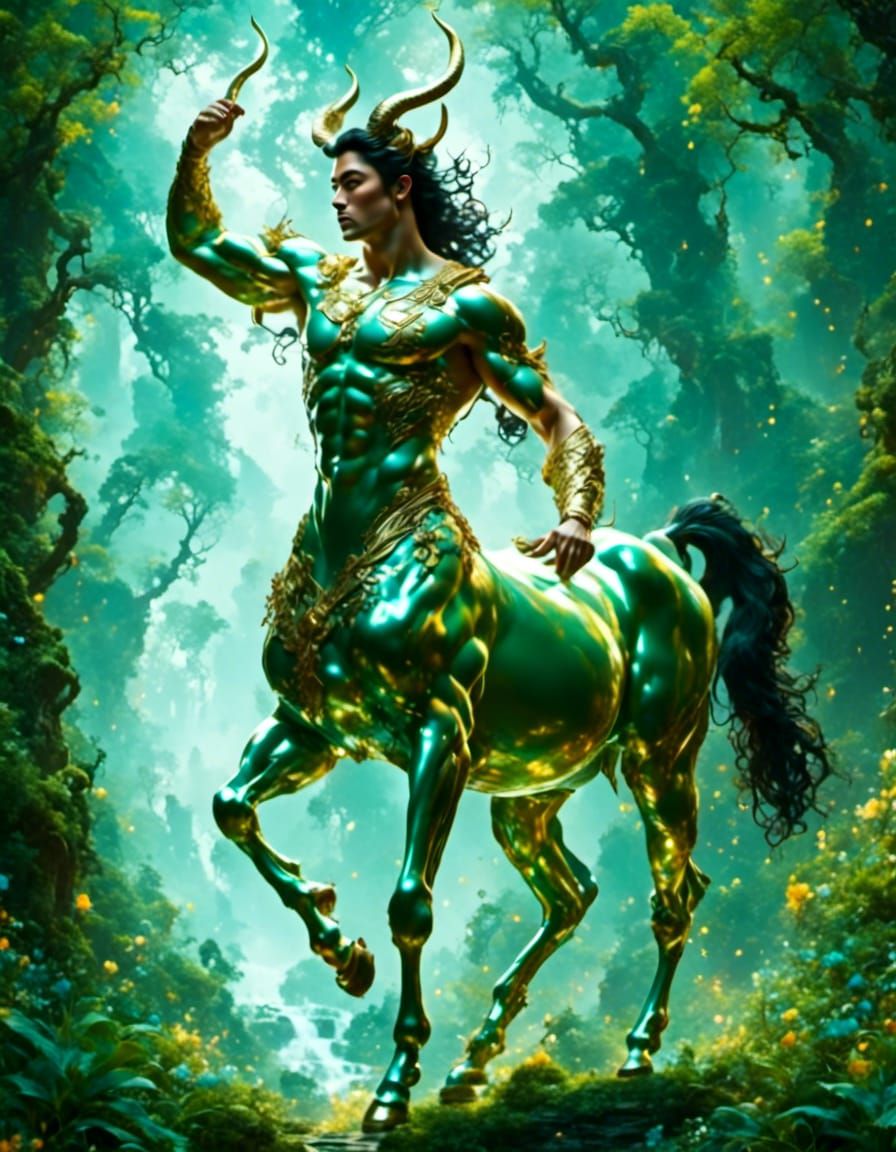 A handsome male centaur, in a lush, green forest. No horns. No facial hair. <lora:The Centaur v2:1.0> <lora:ensidia:1.0>...