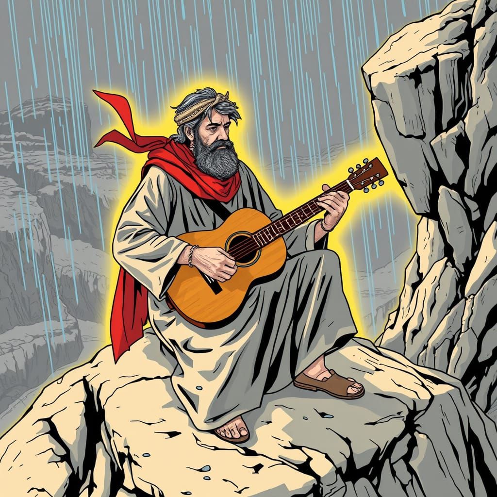 Israelite Musician in Comic Book Style Landscape