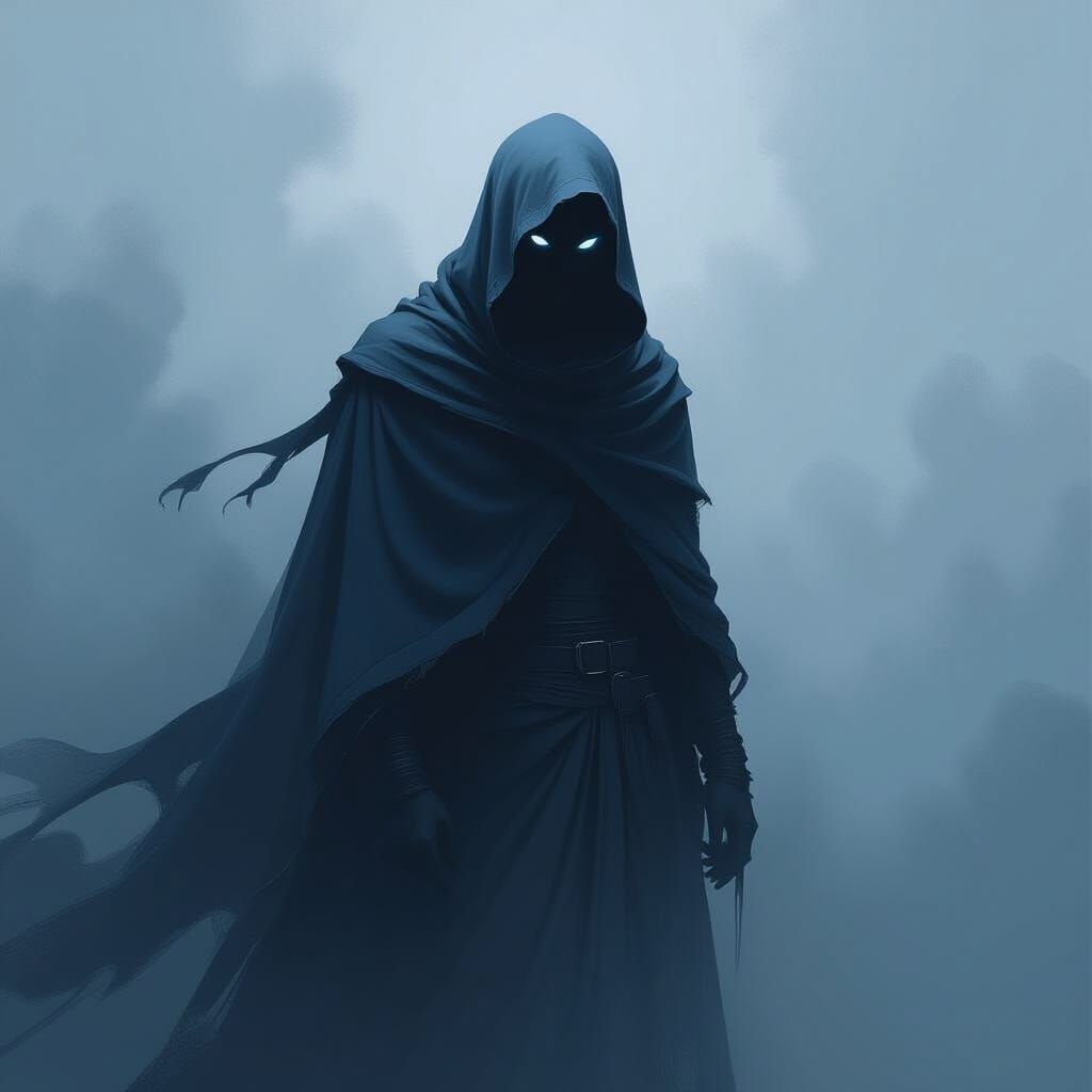 Mysterious Figure in Dark Blues and Dramatic Lighting