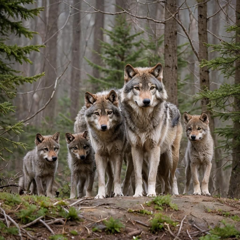 Timber Wolf Mother and Cubs