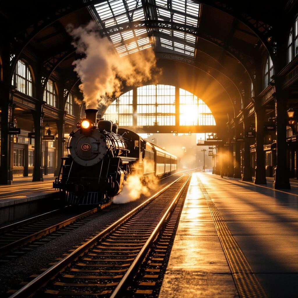 Sunrise Train Station in Cinematic 35mm Film Style