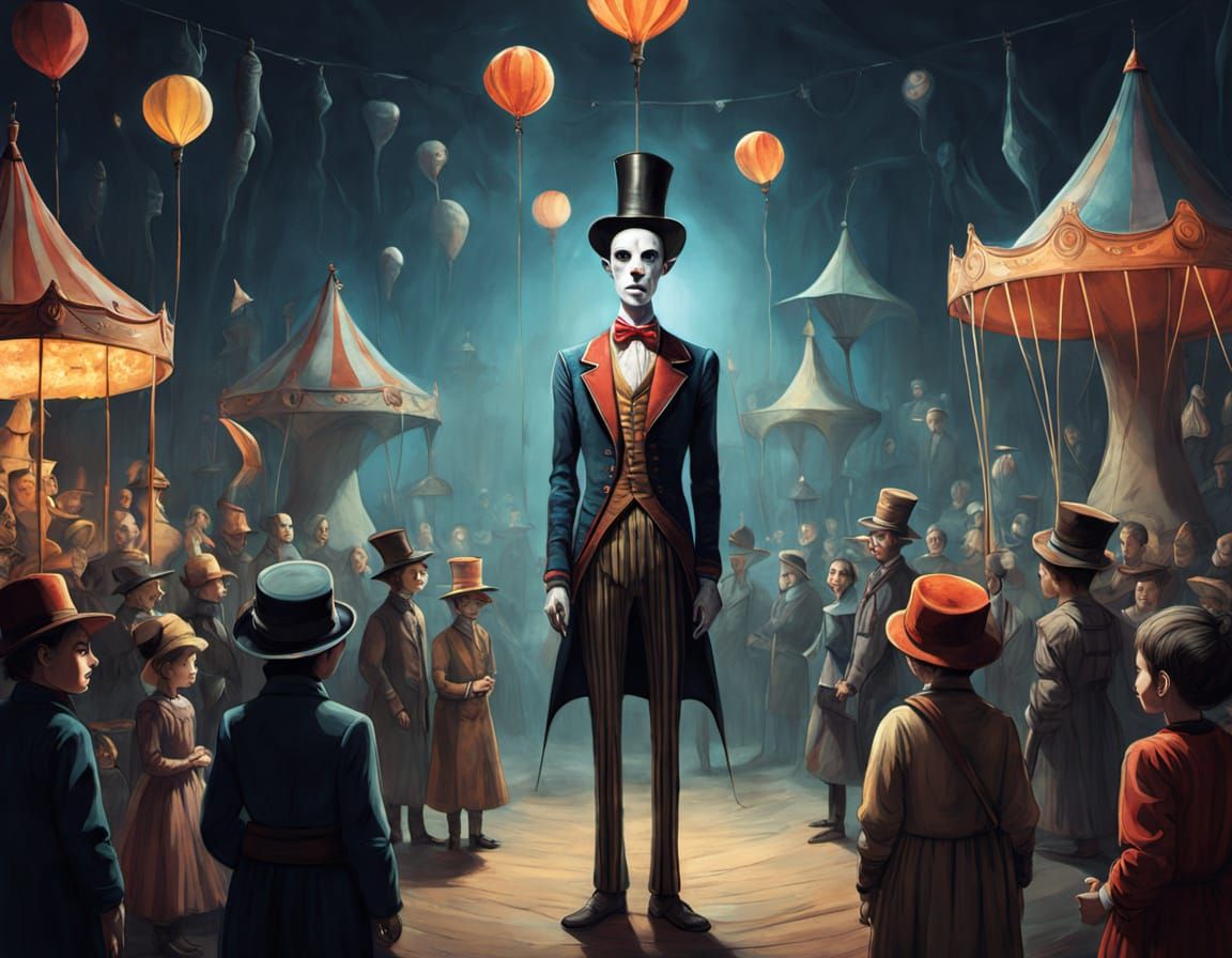 Surreal Stilt Walker with Strange Audience in Dreamlike Circ...