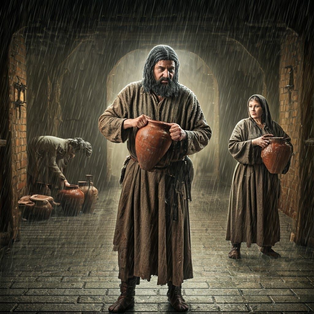 Civilians Gathering Rainwater in Ancient Pagan Garb