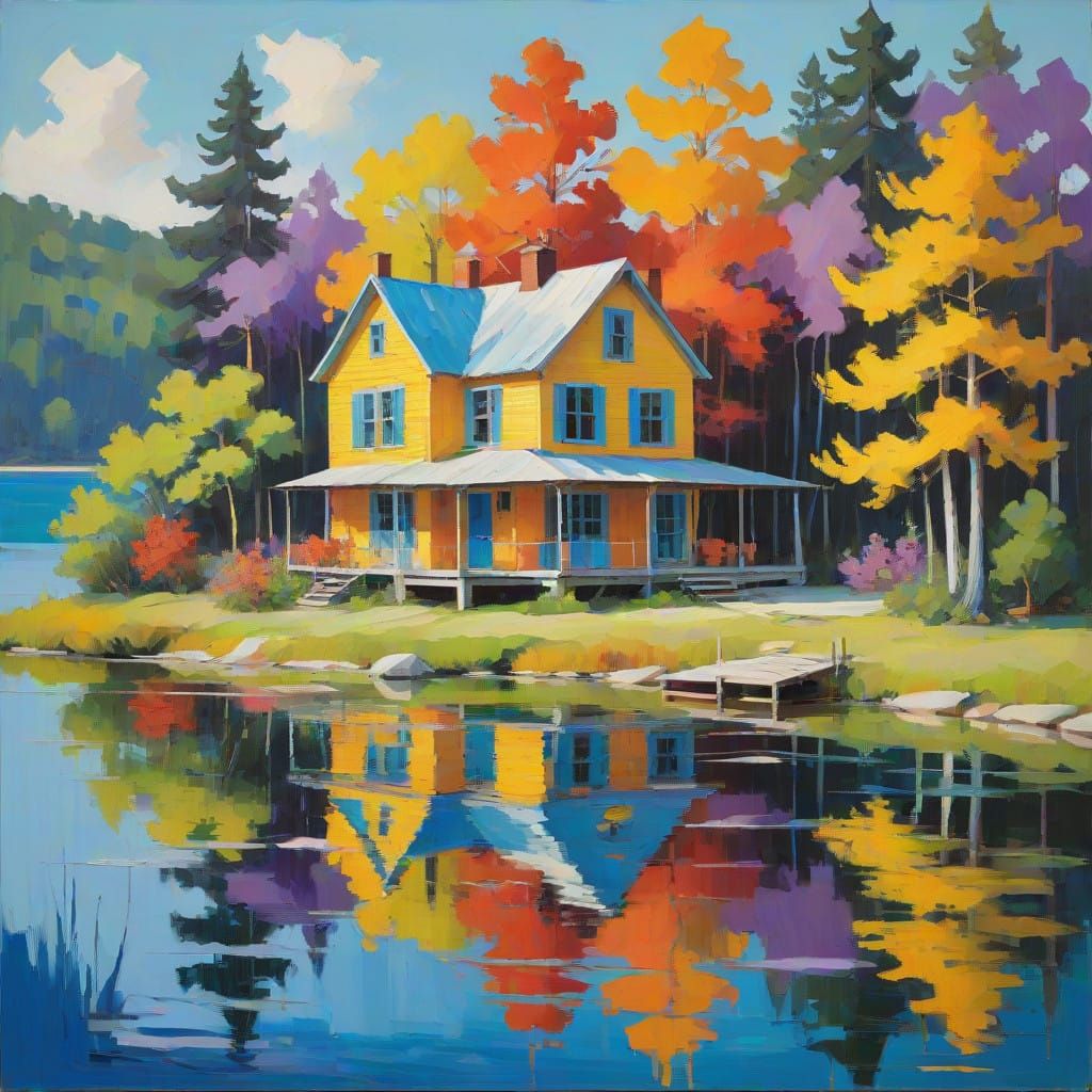 Vibrant Impasto Painting of Lakeside House