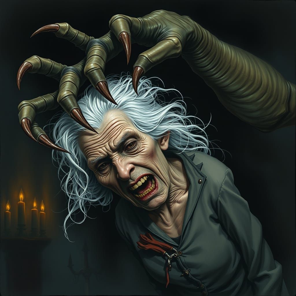 Grotesque Arm Lifting Elderly Woman in Dark Surrealism