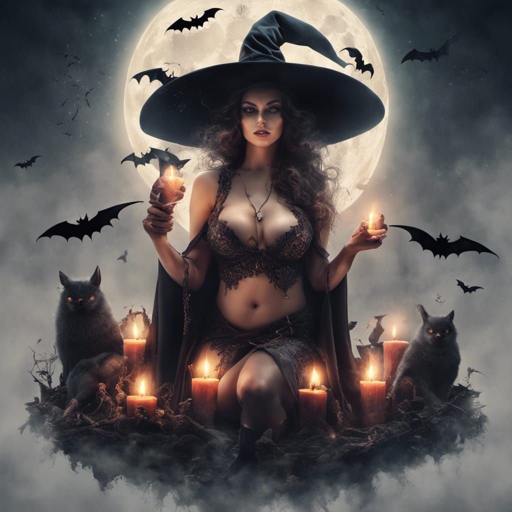 Fantasy Witch in Moonlight, Detailed Matte Painting