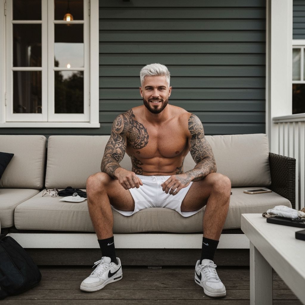 Tattooed Model on Veranda in Soft Afternoon Light