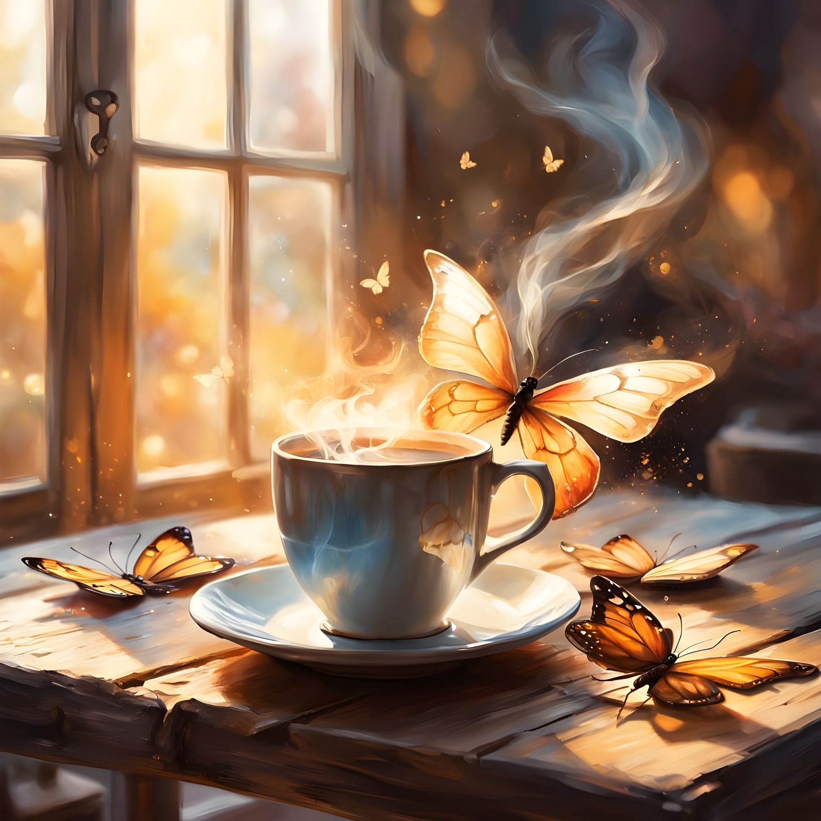 Steaming Coffee Transforms into Ethereal Butterflies in Morn...