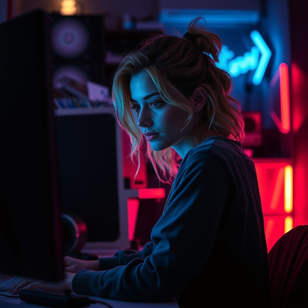 Woman in Neon-Lit Room: Cinematic Portrait