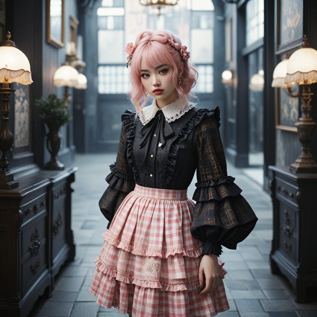 Elegant Gothic Lolita Fashion Illustration in Gingham