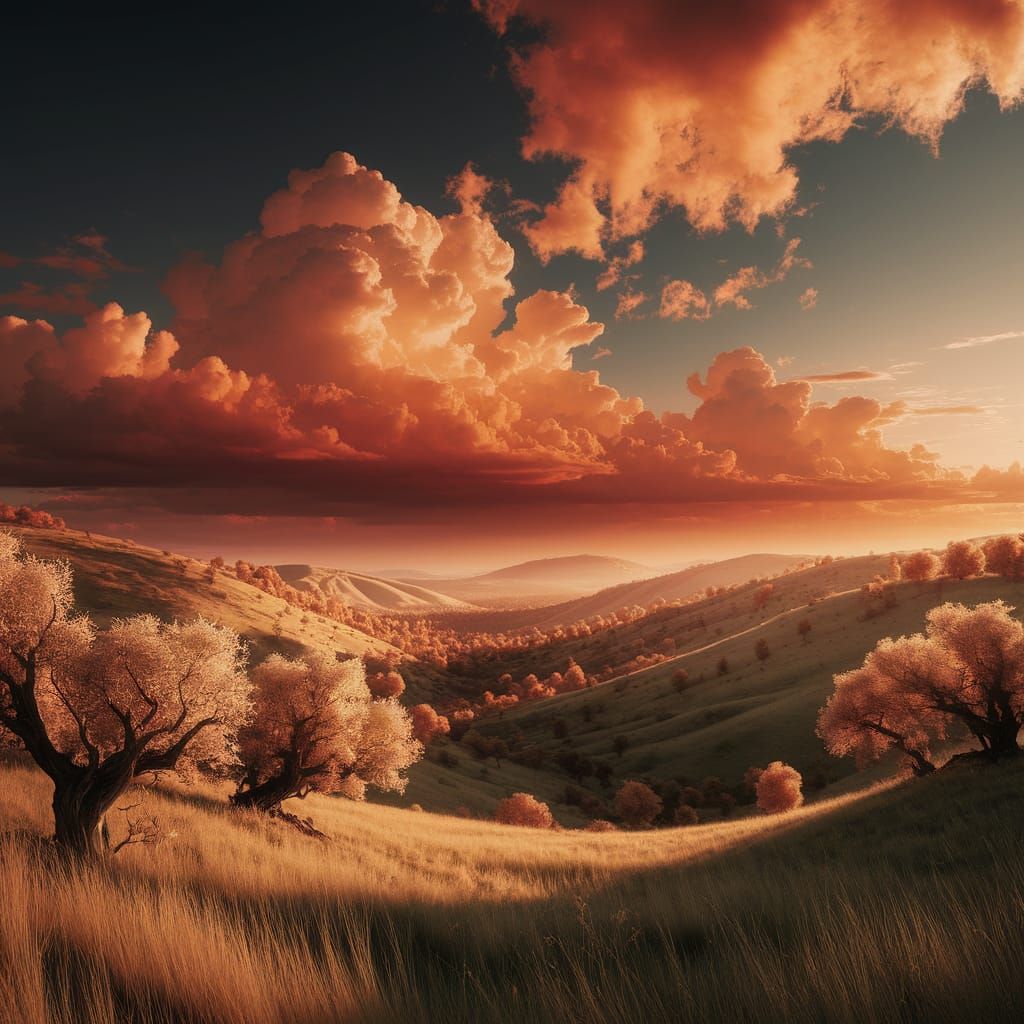 Golden Hour Panoramic Landscape with Dramatic Clouds
