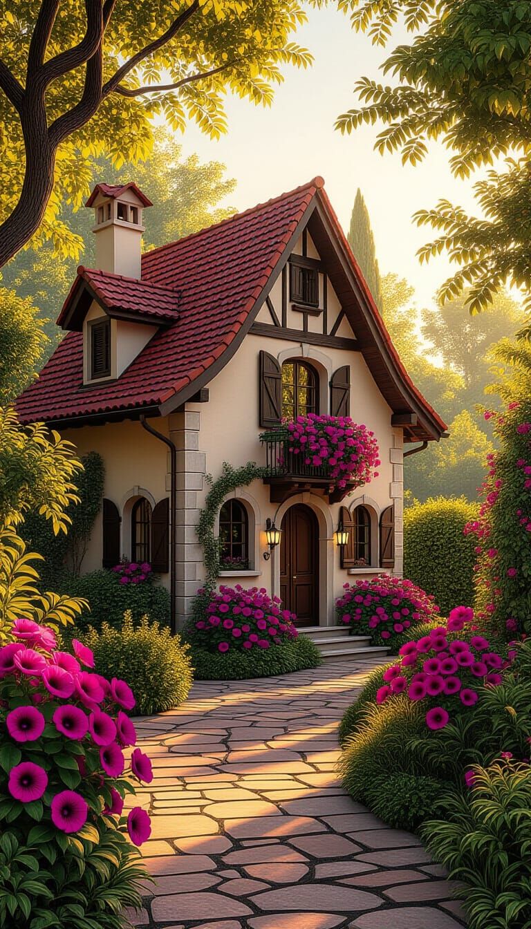 Charming European House in Lush Garden, Hyperrealism