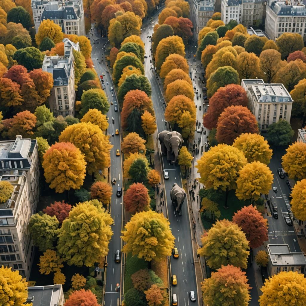 Autumnal European Avenue with Elephant Creatures