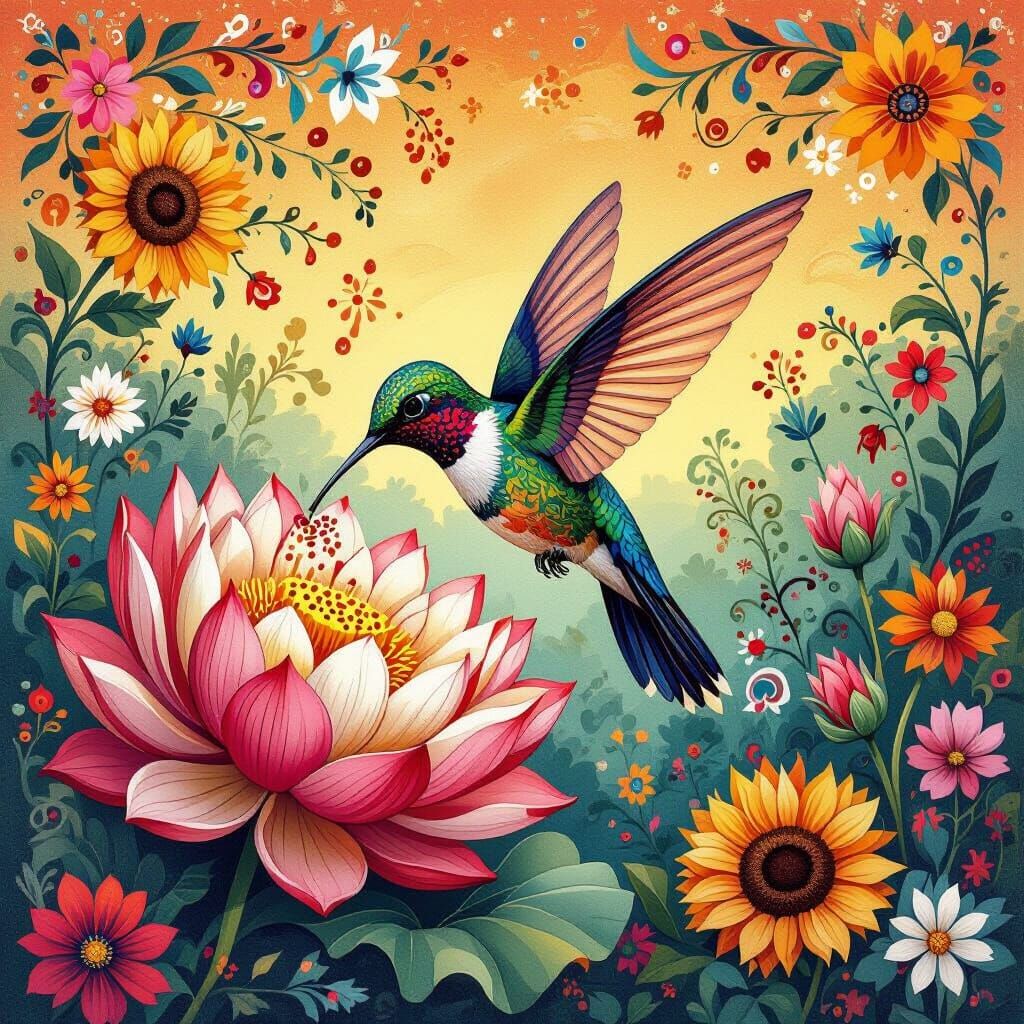 A whimsical folk art-style hummingbird