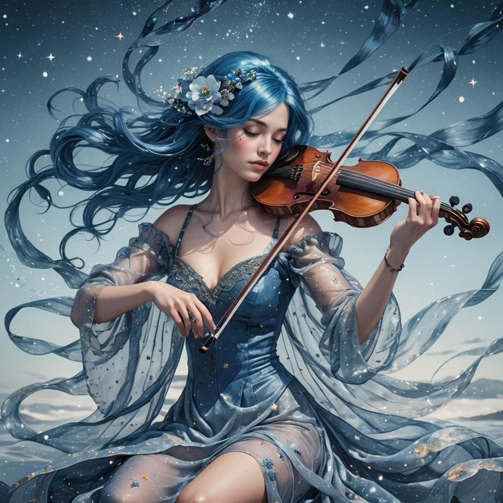 Blue-Haired Woman Playing Violin in Digital Ink