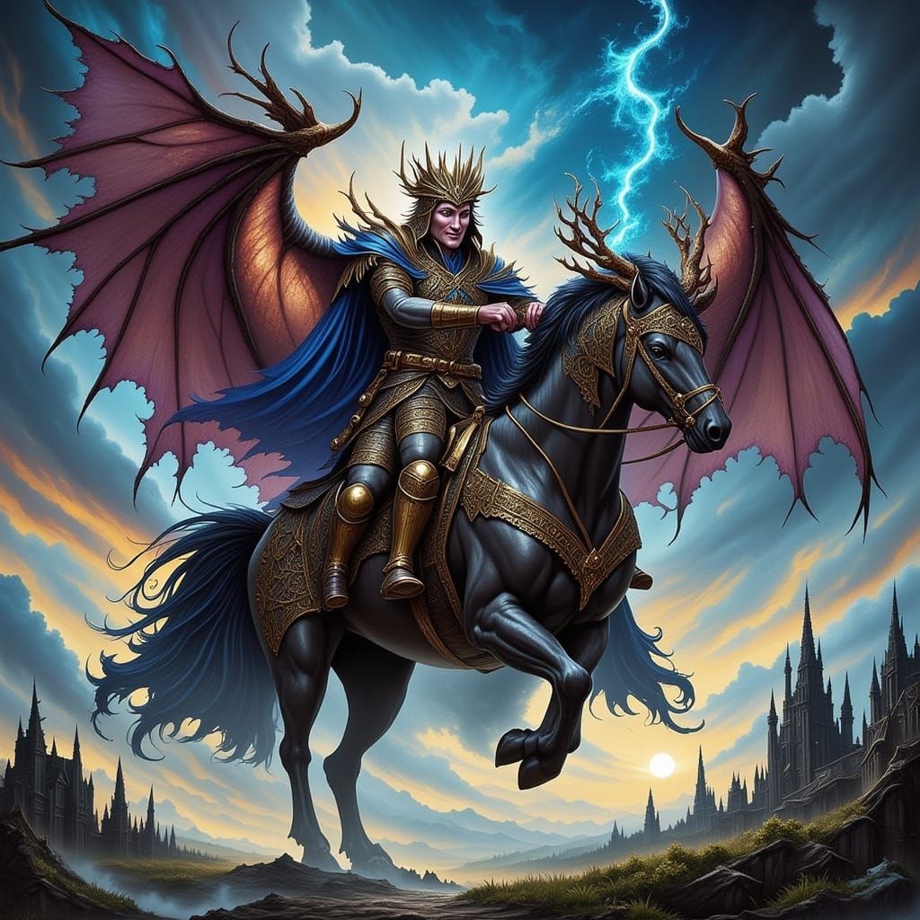 Majestic Fantasy Flying Steed Soars Through Sky