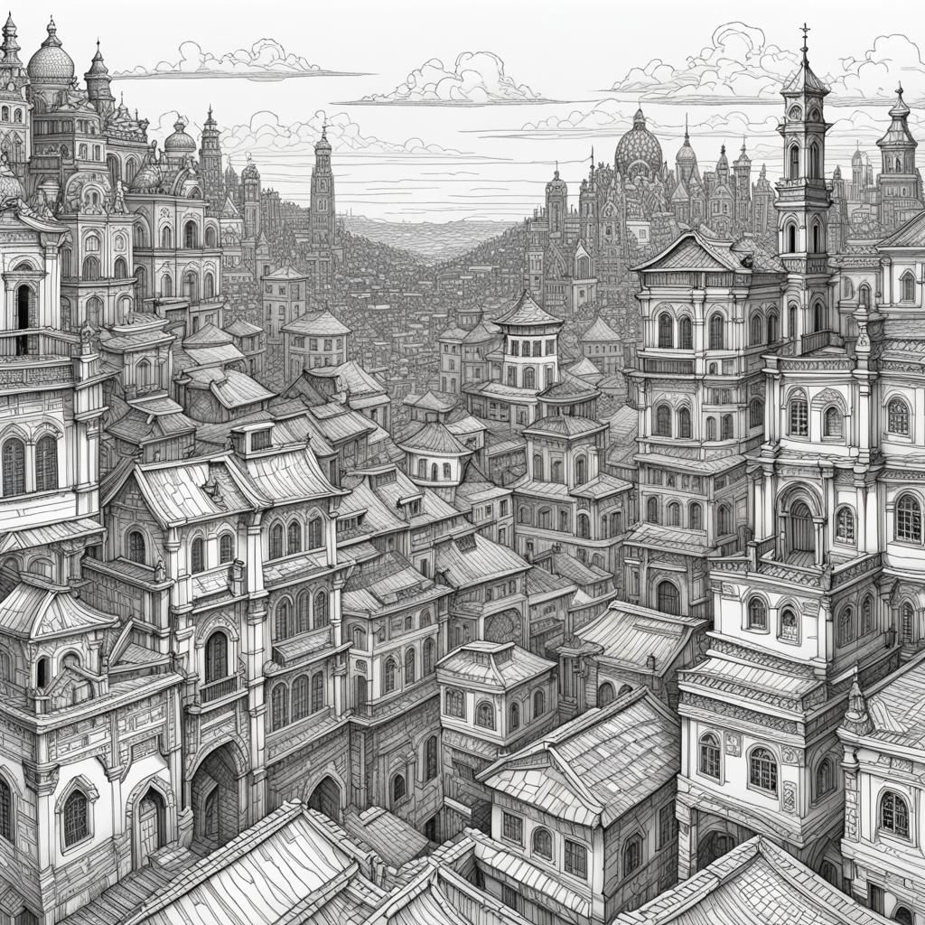 Detailed Ancient Cityscape in Pen and Ink