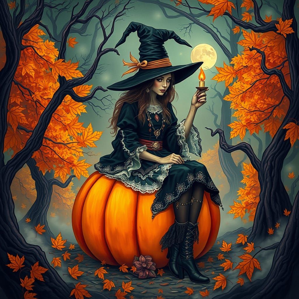 Enchanted Witch Amidst Autumnal Whimsy