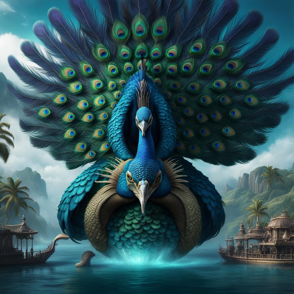 Peacock Kraken Hybrid in a Fantasy Cinematic Style