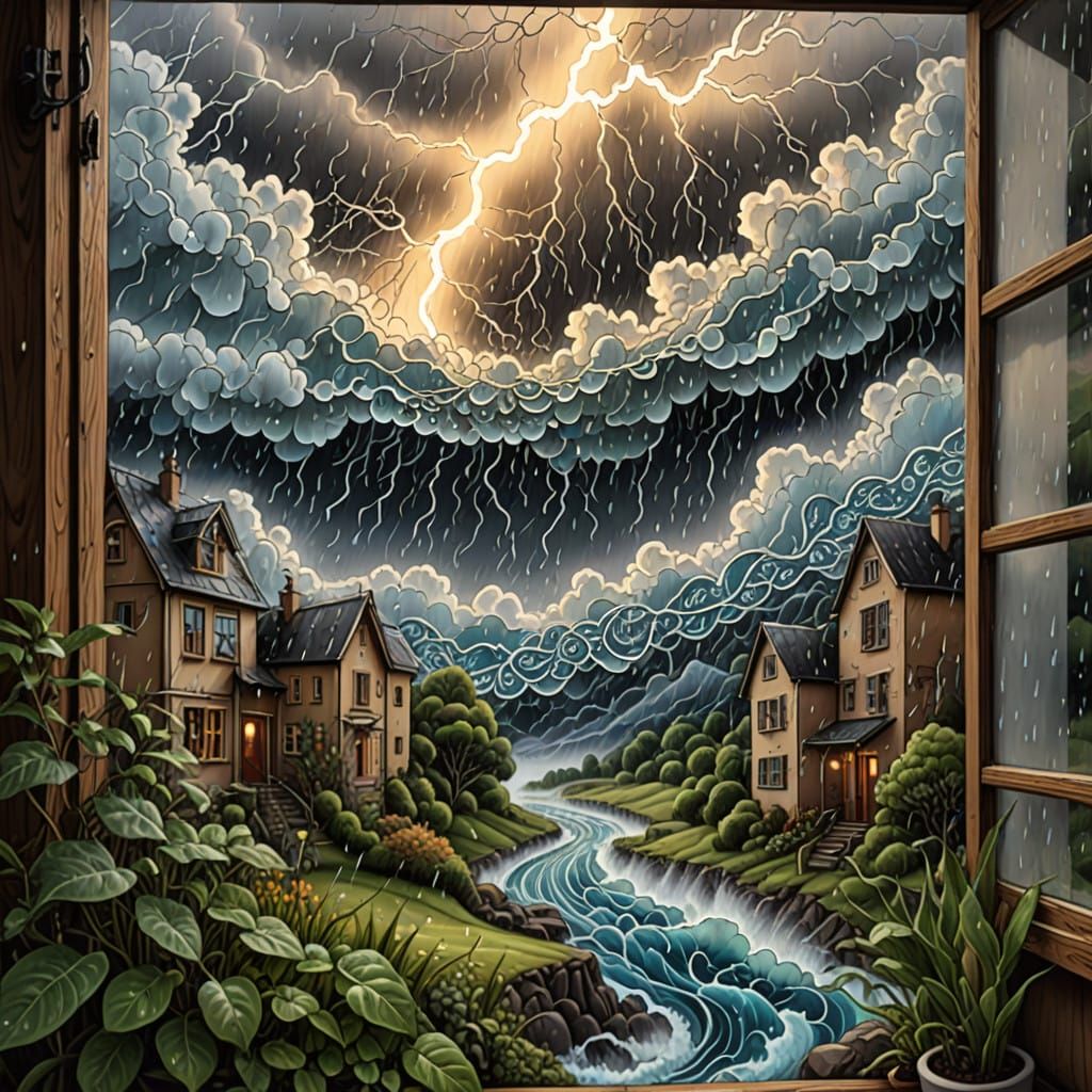 Electrifying Storm Unfolds on a Windowpane in Fractal Harmon...