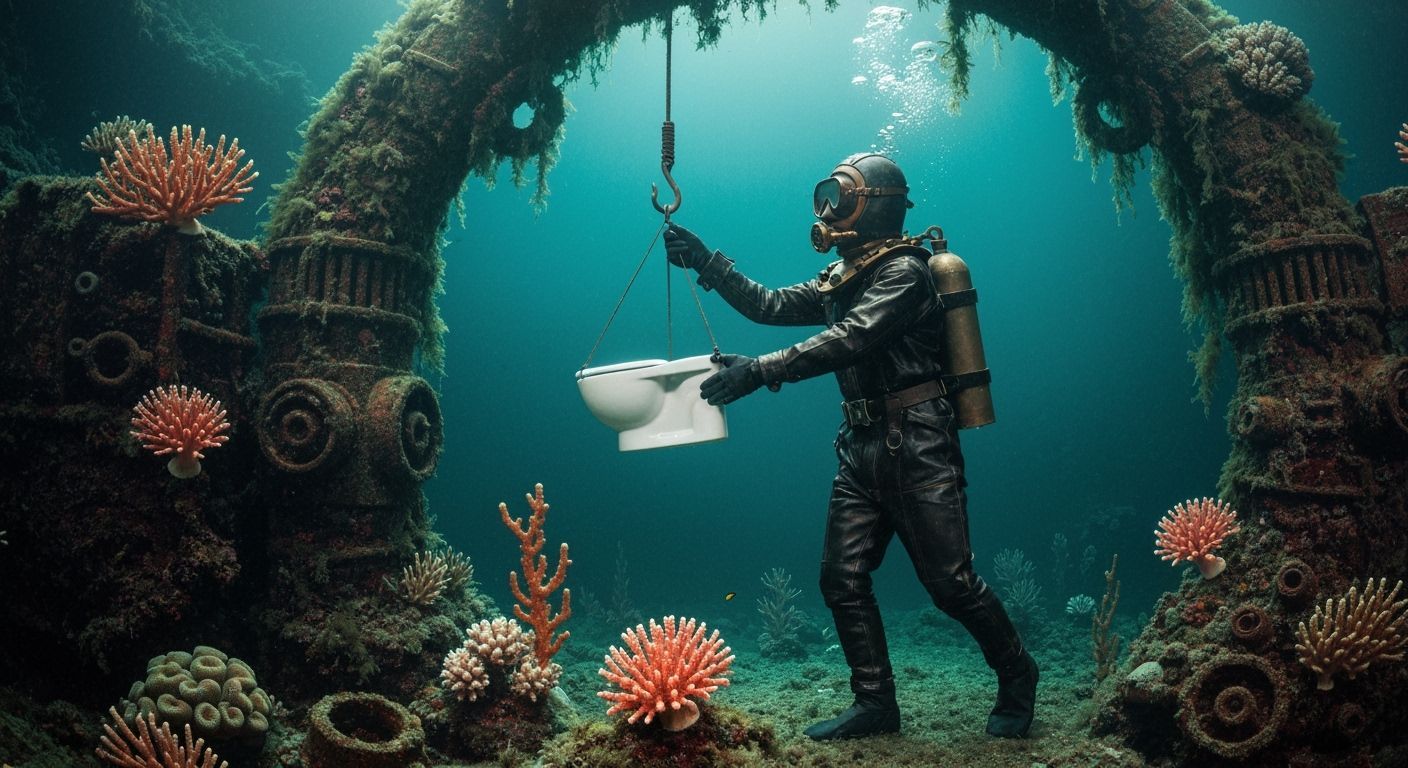 Diver Retrieves Toilet From Sunken Industrial Ruins