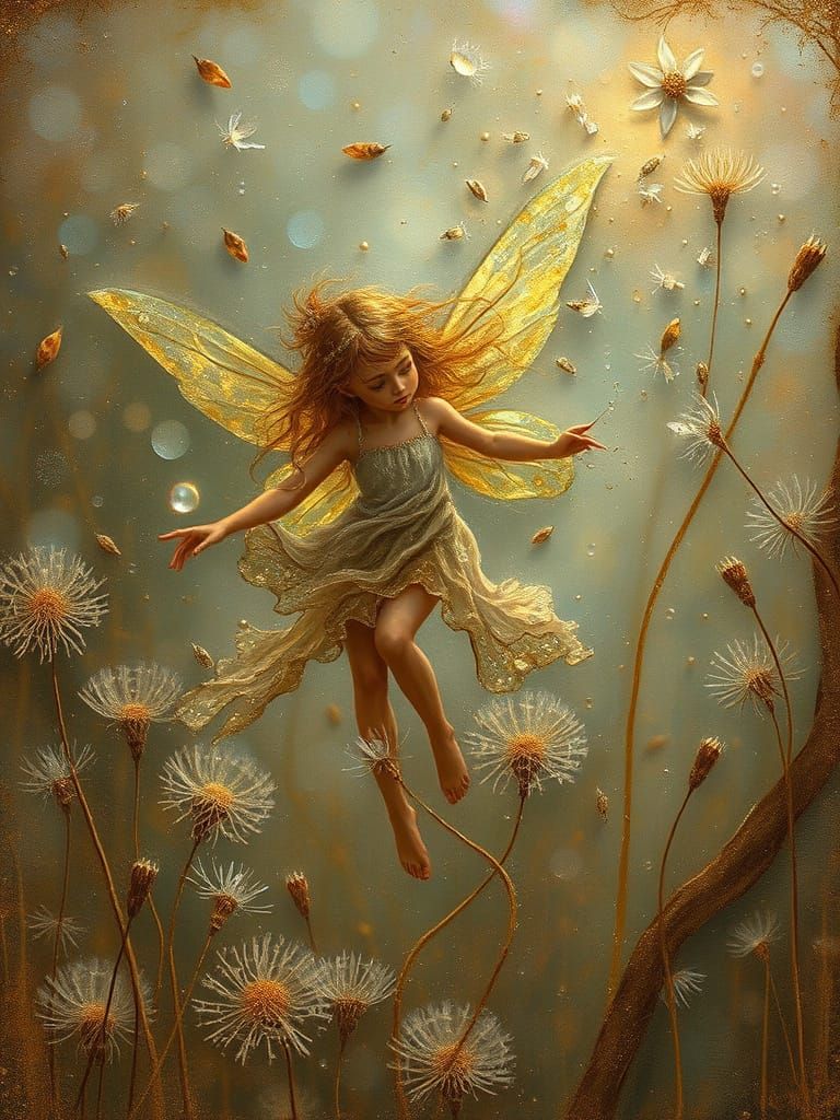 Ethereal Fairy with Dandelion Seeds in Pointillism Style