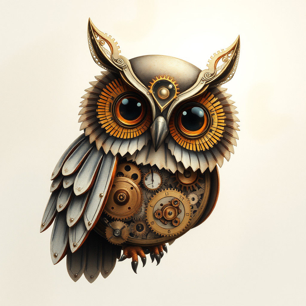 Clockwork Owl in Digital Watercolour Style