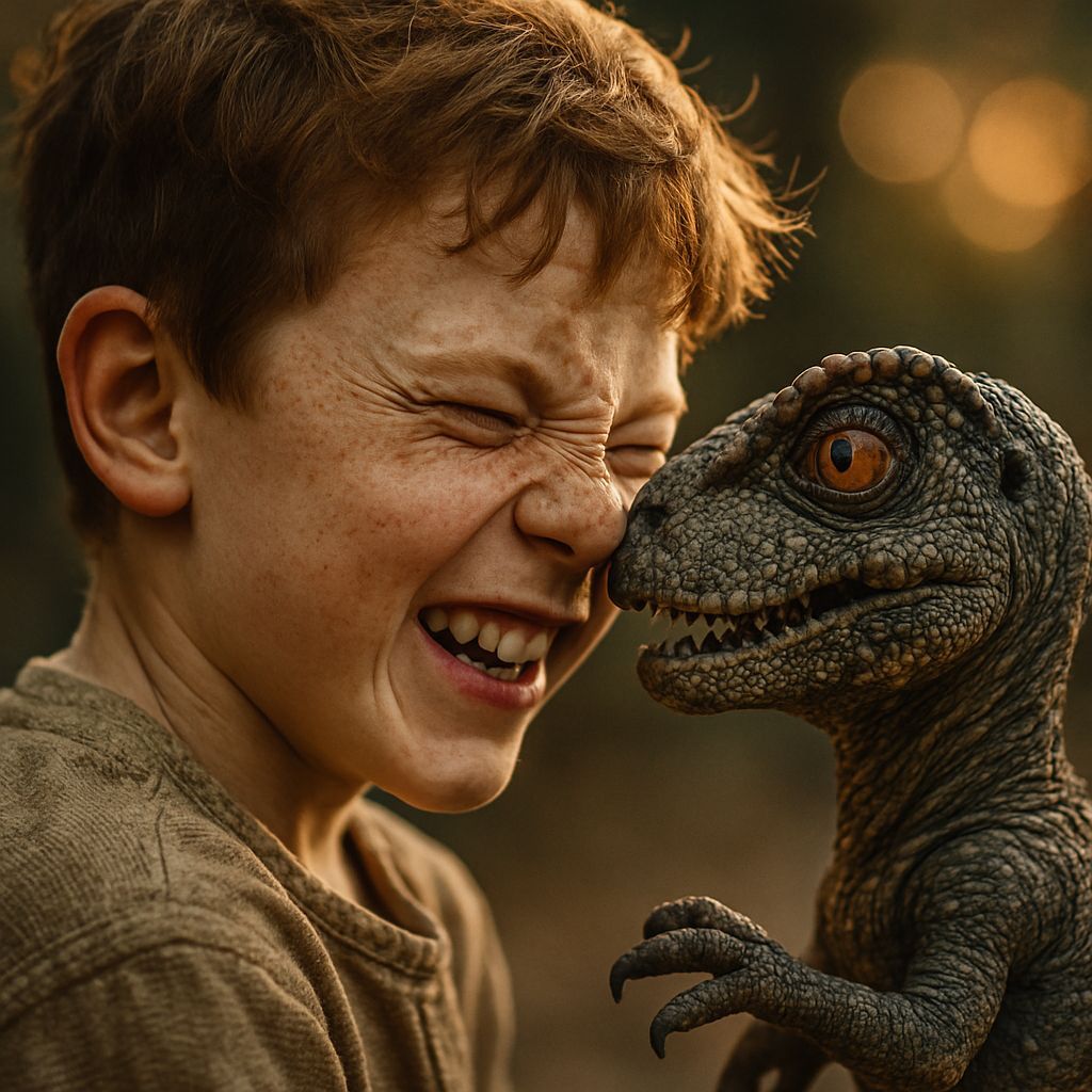 Boy and Dinosaur: Hyper-Realistic Close-Up Photo