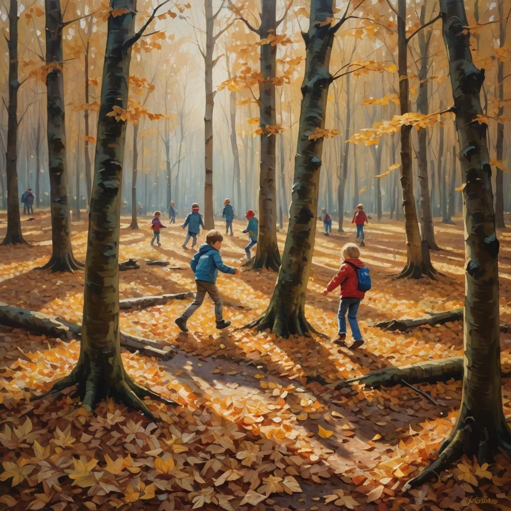 Impressionist Painting of Children Playing in Autumn Leaves