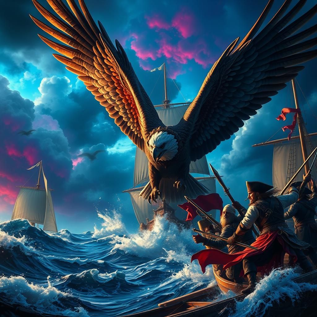 Giant Eagle Assaults Pirates on Stormy Sea