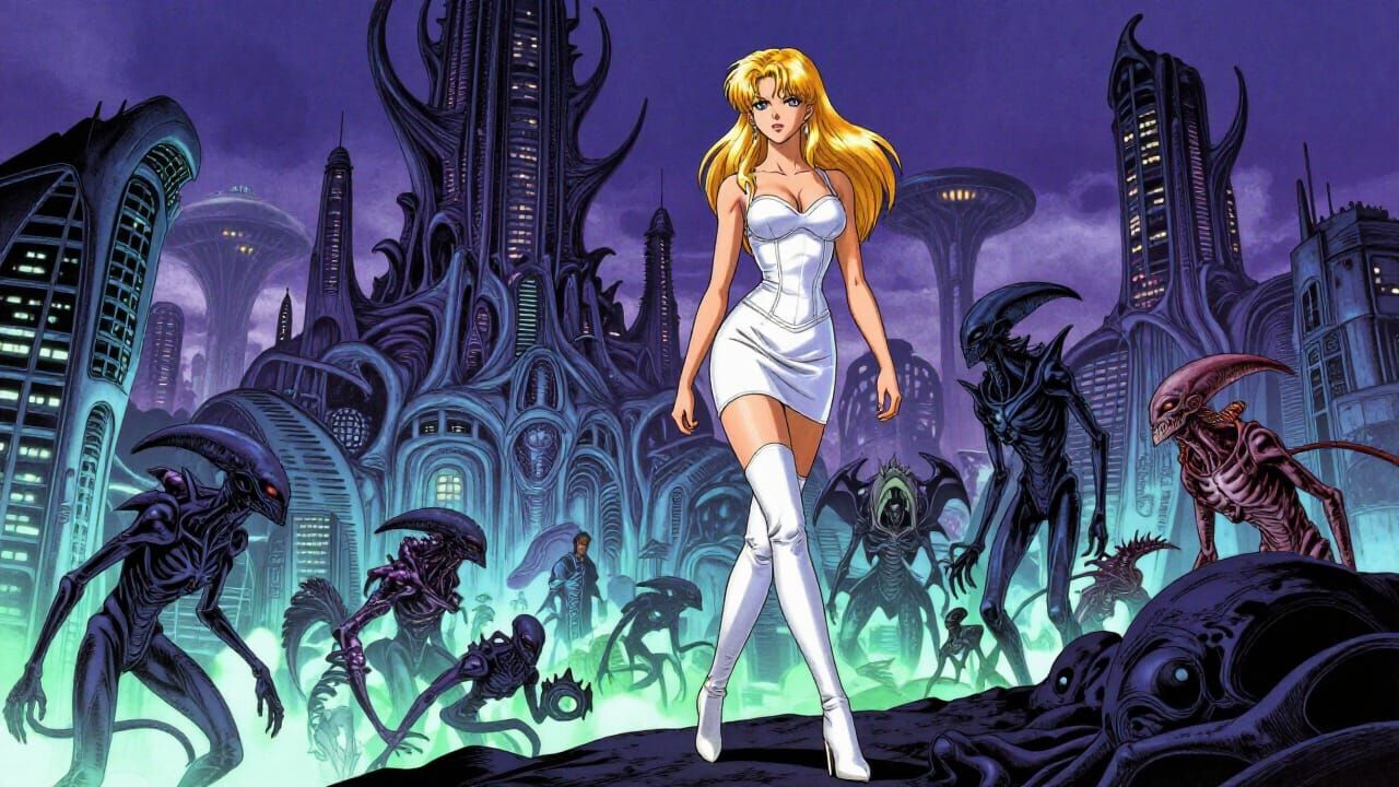 Alien City Exploration in Berserk Manga Style