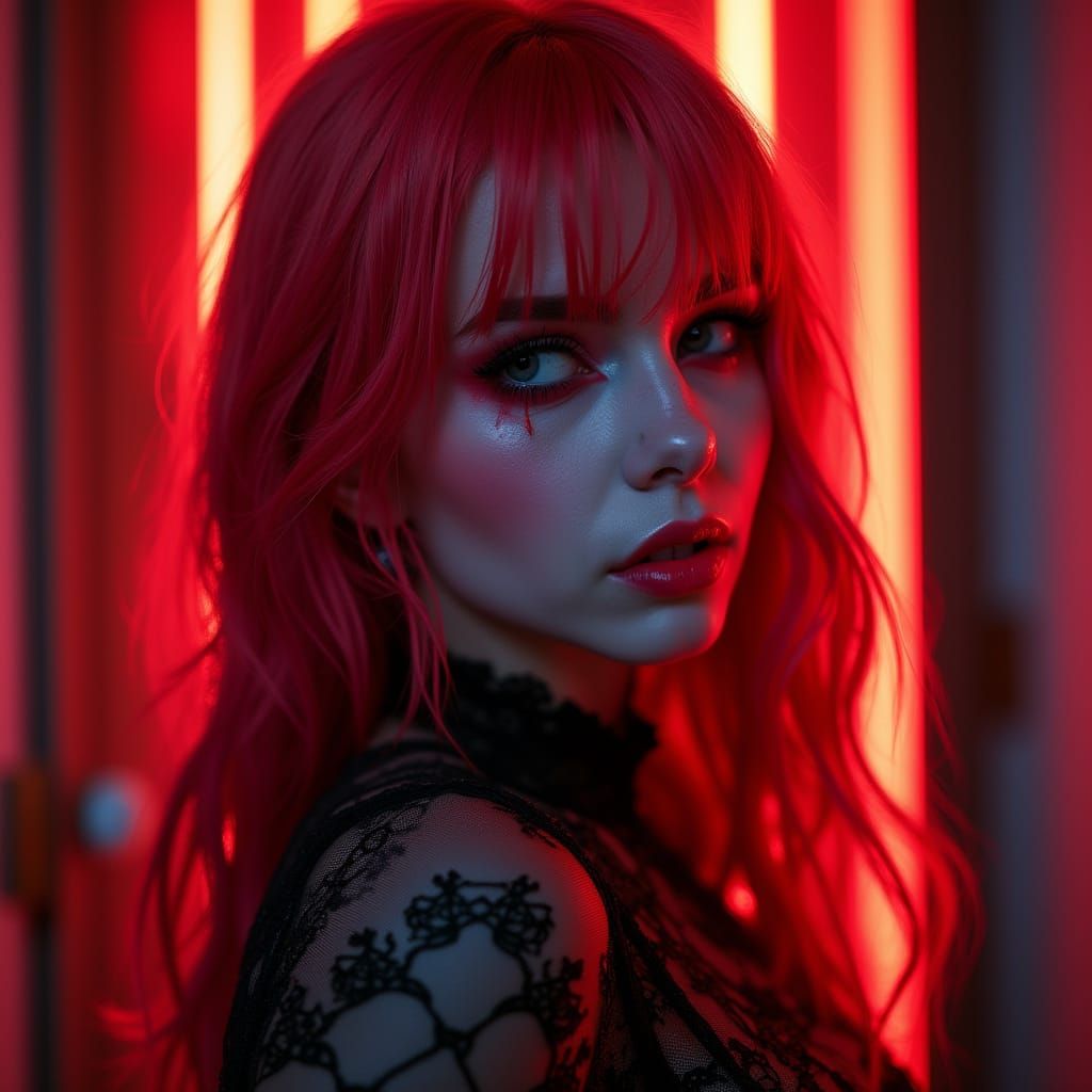 Gothic Beauty with Neon Hair in Vibrant Red and White