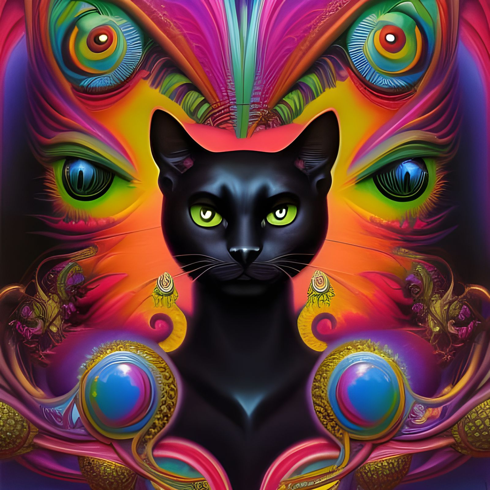 Psychedelic Black Cat Portrait in Fantasy Style