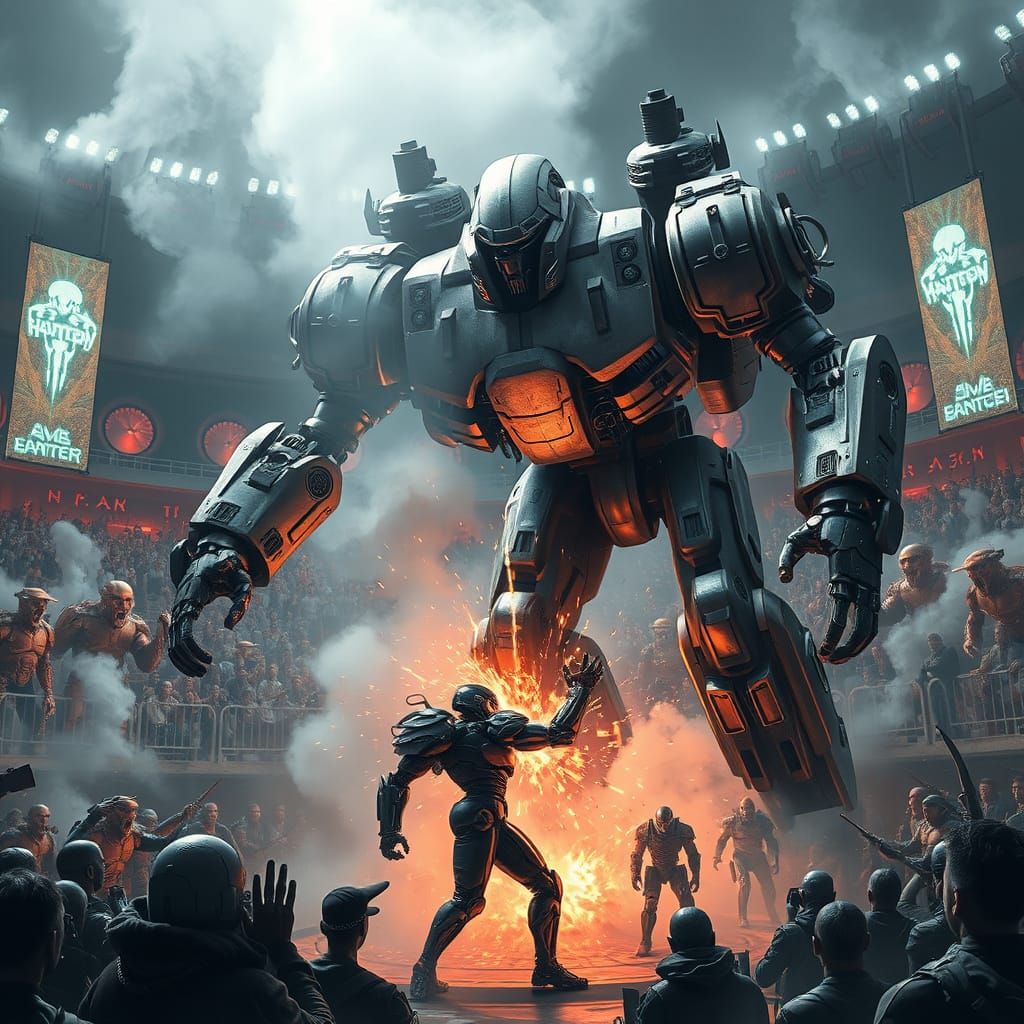 Dark Future Robot Gladiator Triumphs Over Defeated Cyborg in...