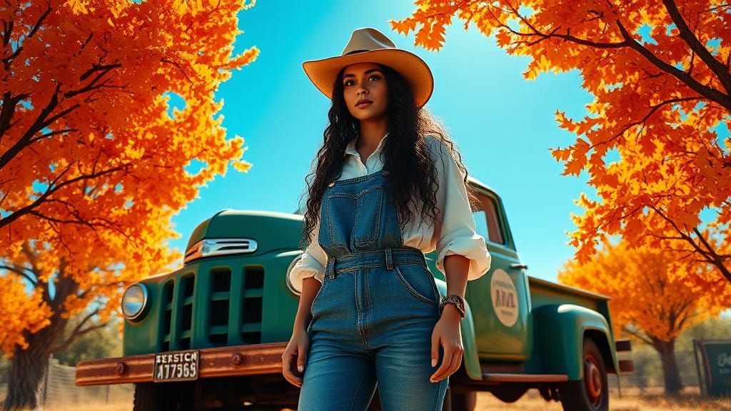 Woman Beside Vintage Green Truck in Vibrant Orange Grove