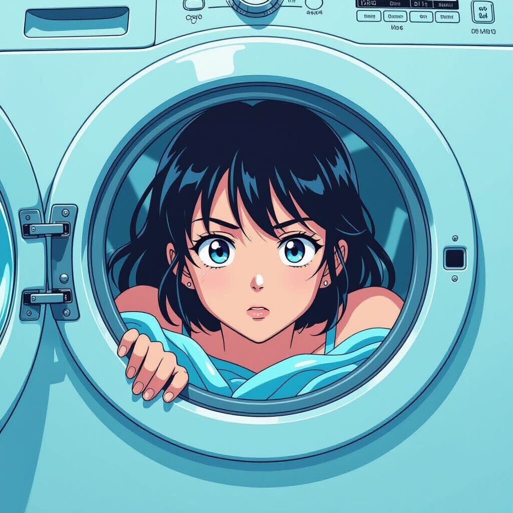 Anime Woman Stuck in Washing Machine, Manga Style