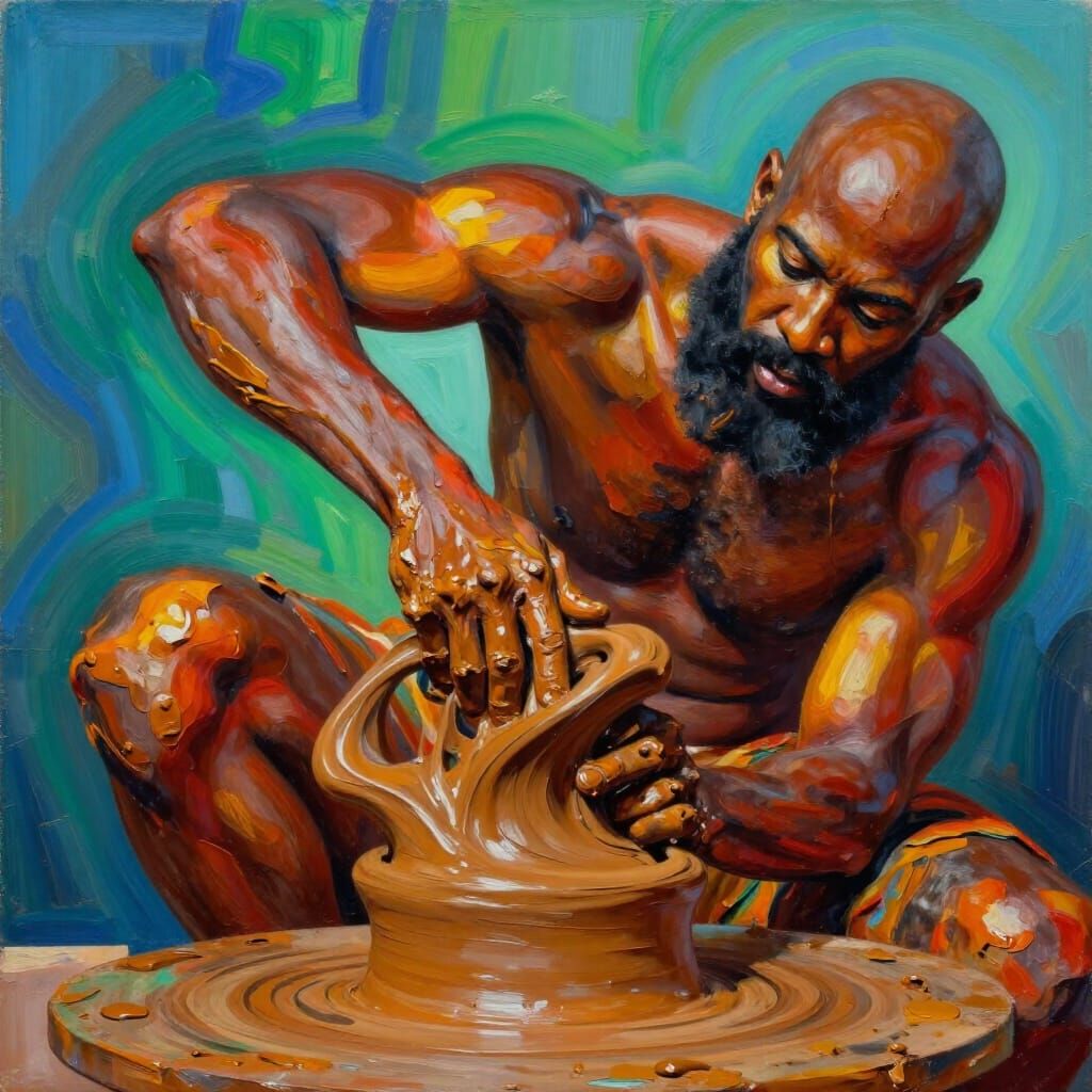 African American Man Sculpting Clay in Ernie Barnes Style