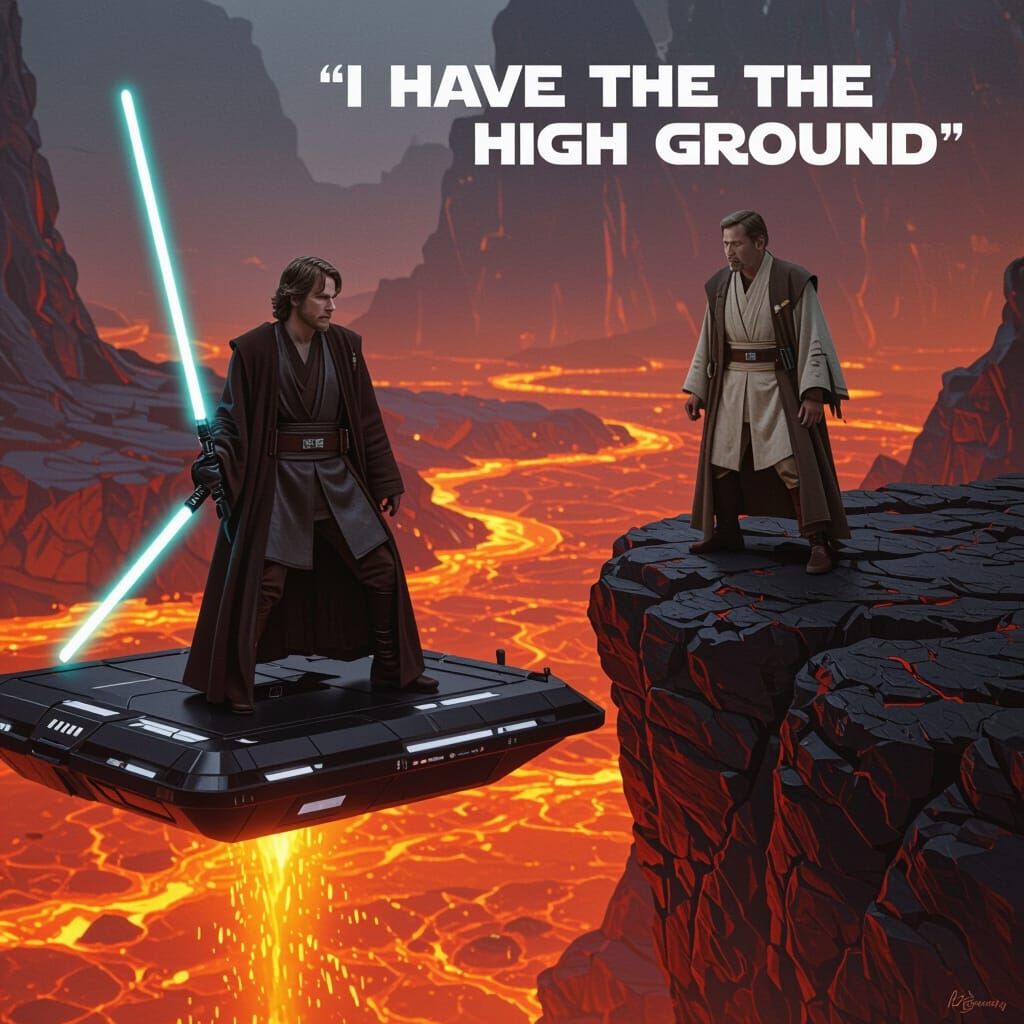 High Ground Duel on Mustafar in Sci-Fi Style