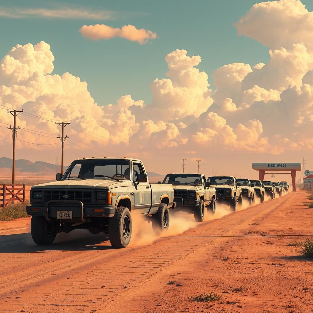 Dusty Pickup Convoy in Futuristic Landscape