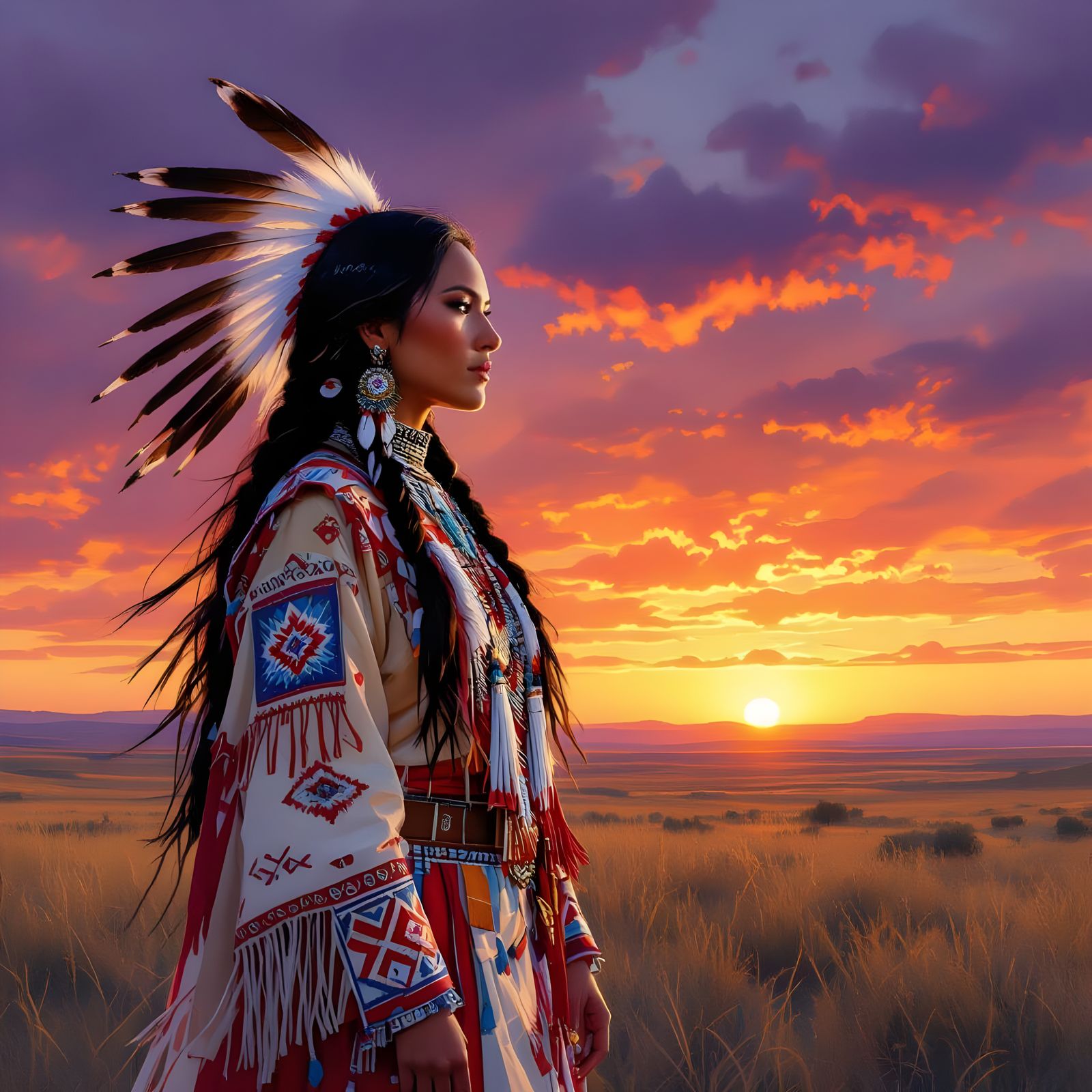 Regal Native American Woman on Windswept Plain at Sunset