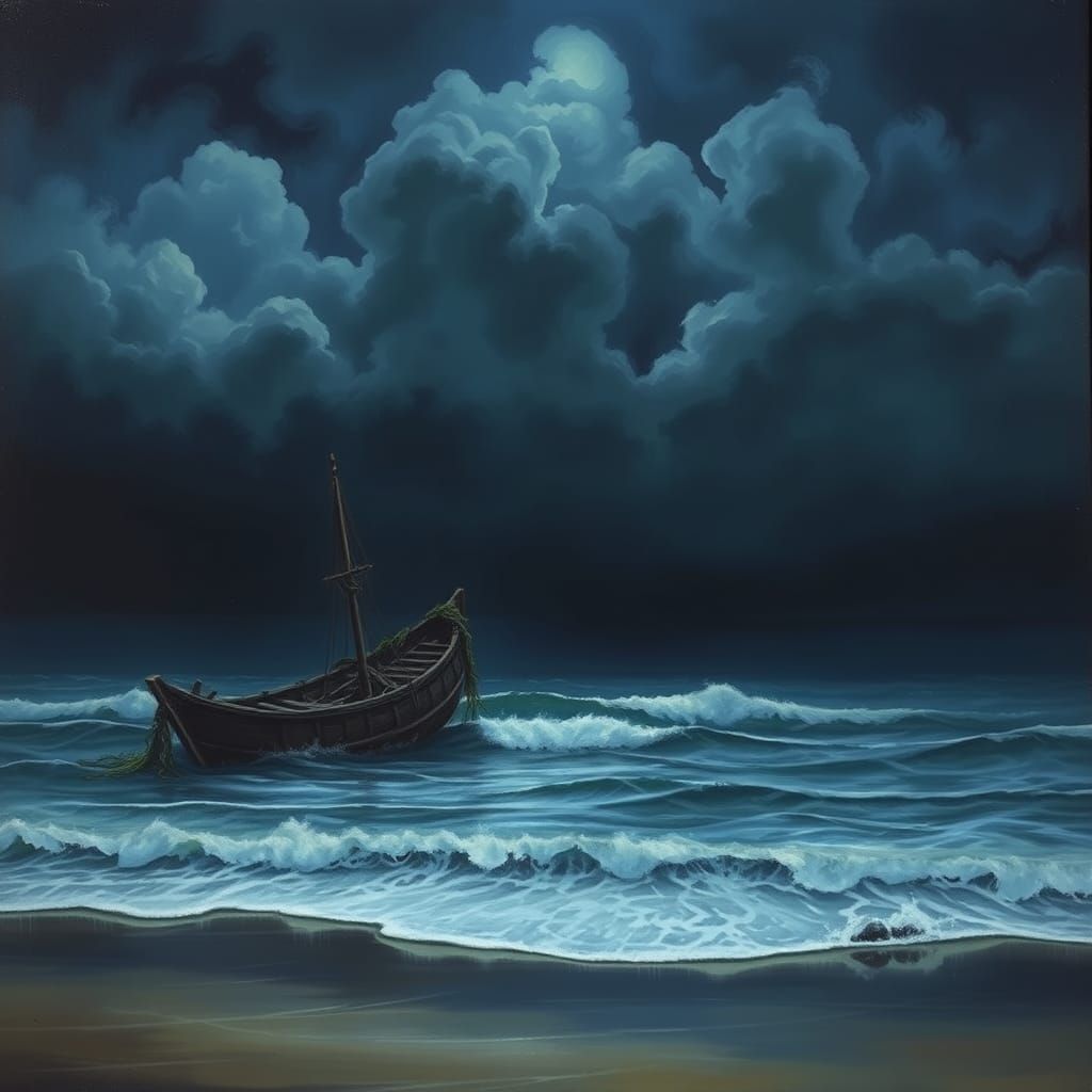 Mysterious Twilight Seascape with Abandoned Shipwreck