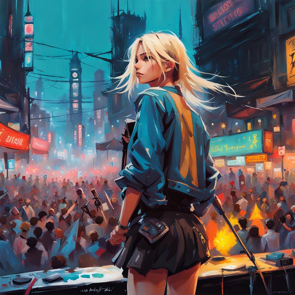 Rockstar Girl in Liquid Gouache Painting Style